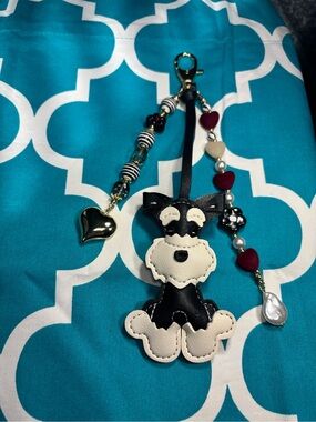 New Cute Black & White Dog Keychain Bag Purse Charm with Red Heart Beads